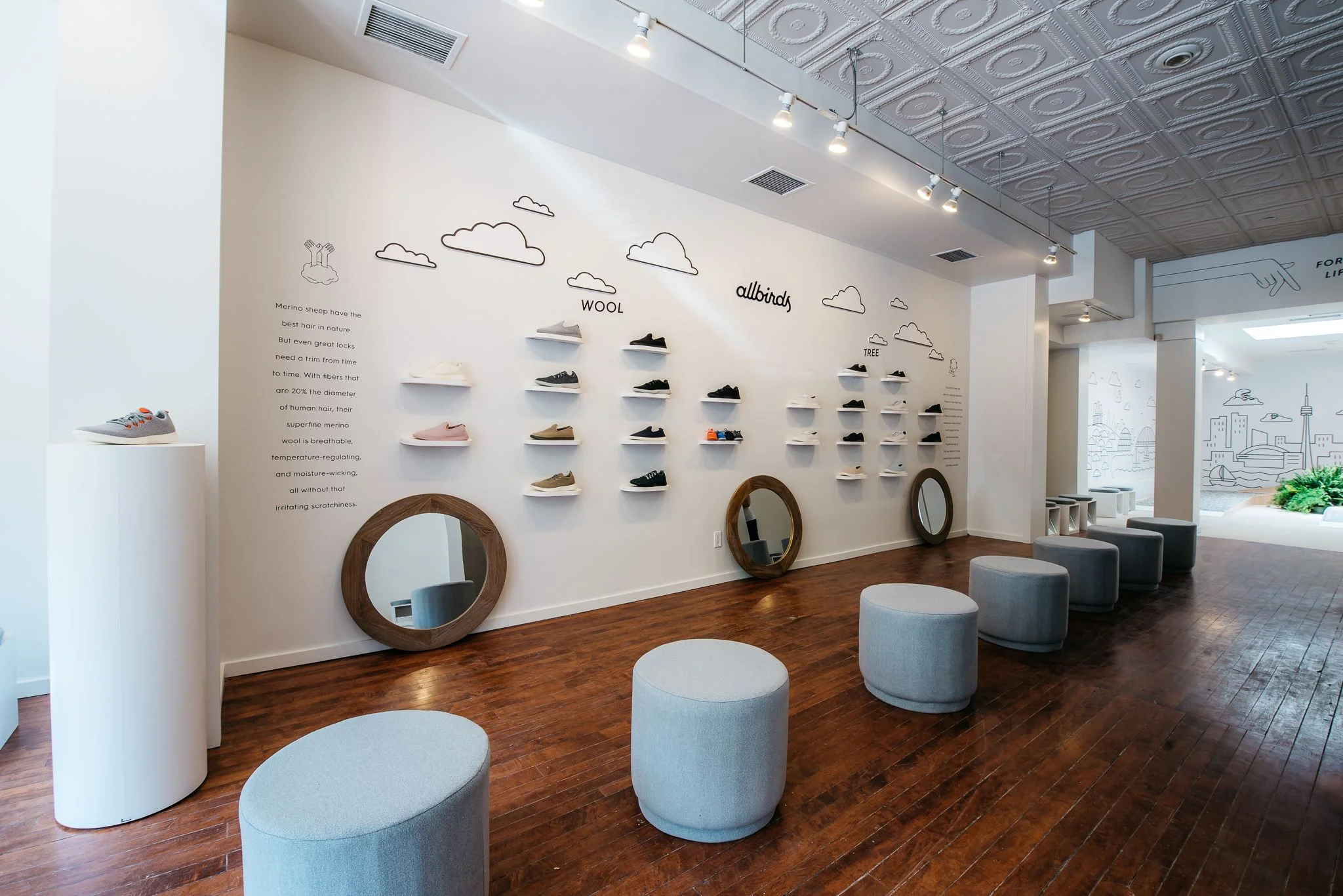 Wall showcasing shoes made from 'wool' and 'tree', with ample seating. Photo: allbirds