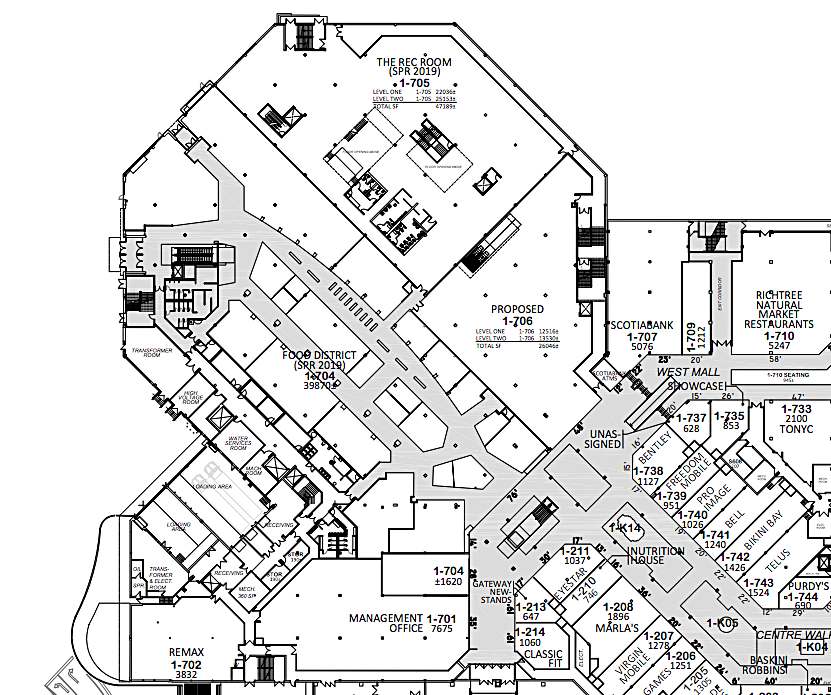 'Level 1' of Square One's West Expansion in the former Octagon-shaped Target box. Lease PLan via Oxford Properties. 