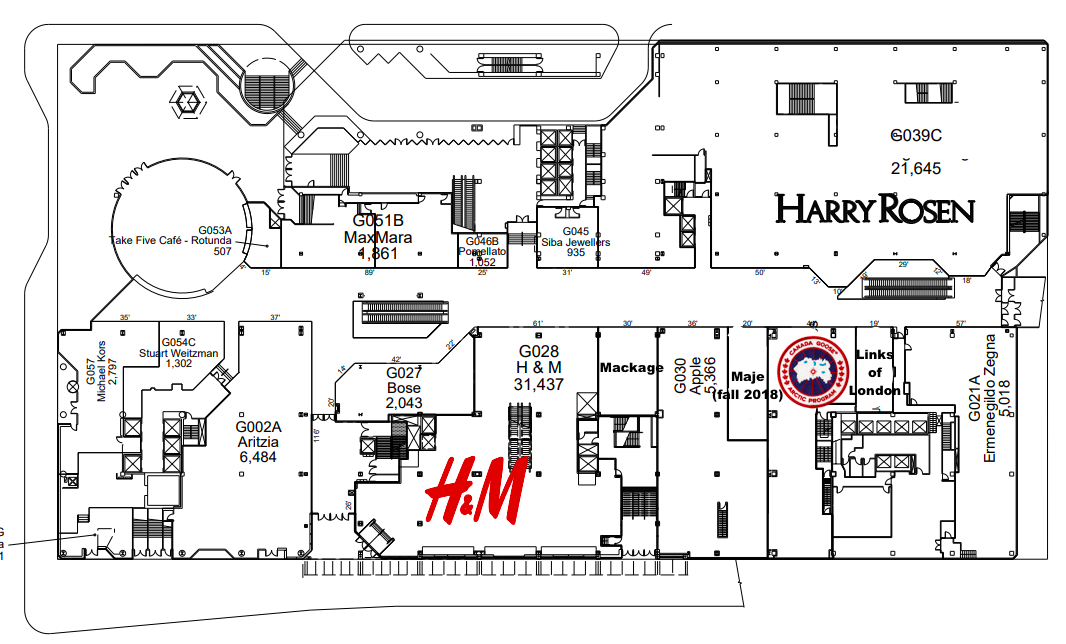Canada Goose will have a 44-foot stretch of mall frontage when it opens at CF Pacific Centre this fall, in a 3,900 square foot space between Links of London and a new Maje store. Lease Plan via Cadillac Fairview