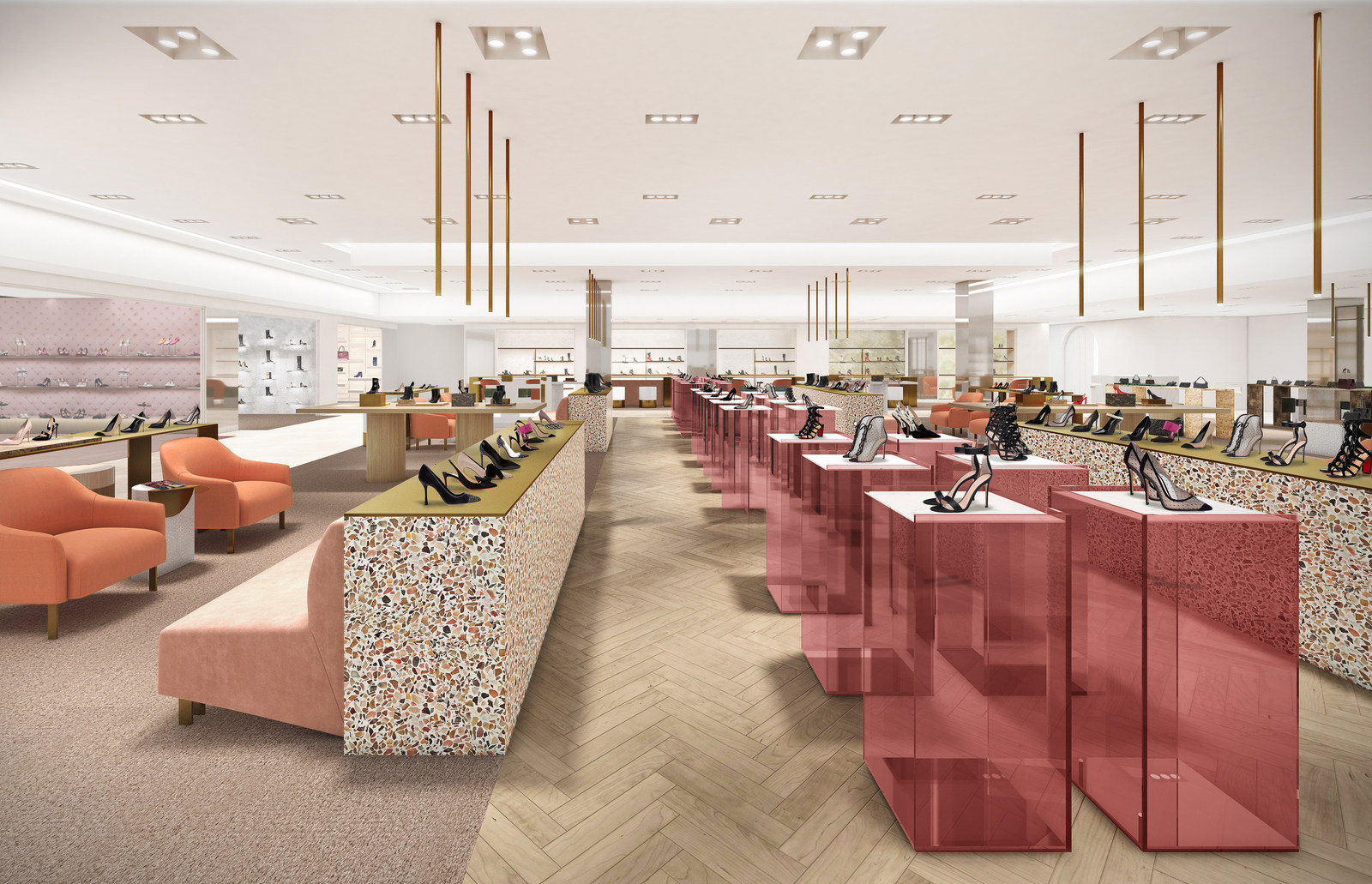 Future 50 Bloor Street West women's shoe hall on the 'mezzanine level', featuring boutiques for Christian Louboutin, Prada, Gucci and Christian Dior. Rendering: Holt Renfrew 