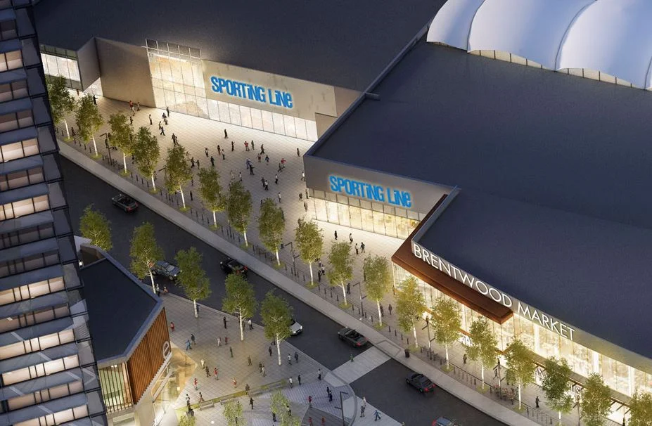 A rendering from 2017 showed a proposed (and then unconfirmed) "sporting life" store at The Amazing Brentwood. Rendering: Shape Properties. 