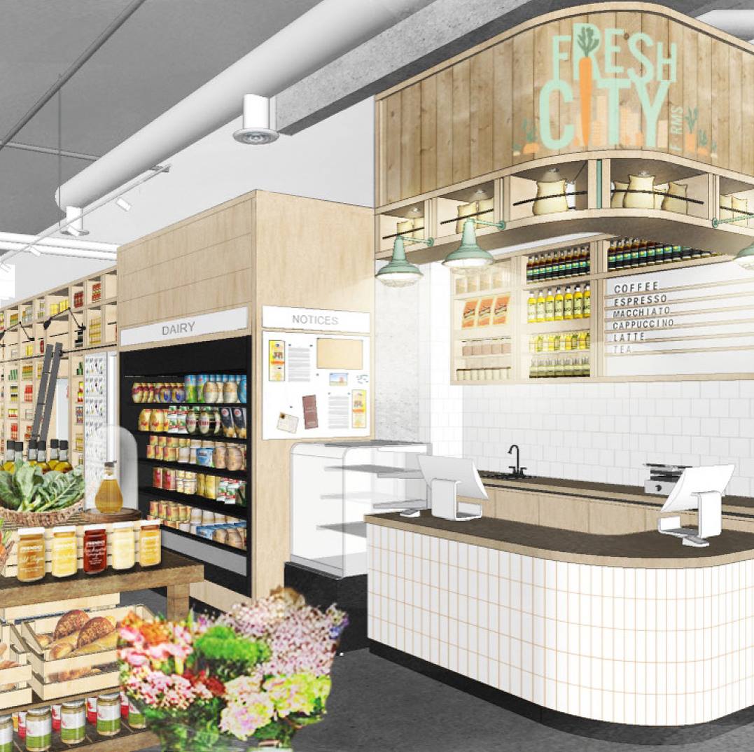 renderings of The Ossington store interiors by @thedesignagency. Photos: Fresh City Farms Facebook