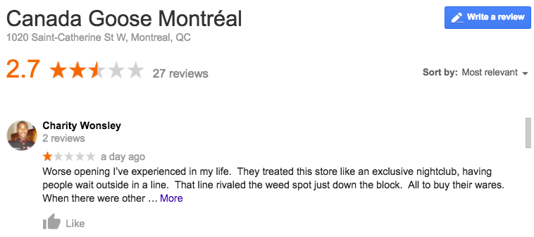 Screen shot of a Google review of the new Montreal store.