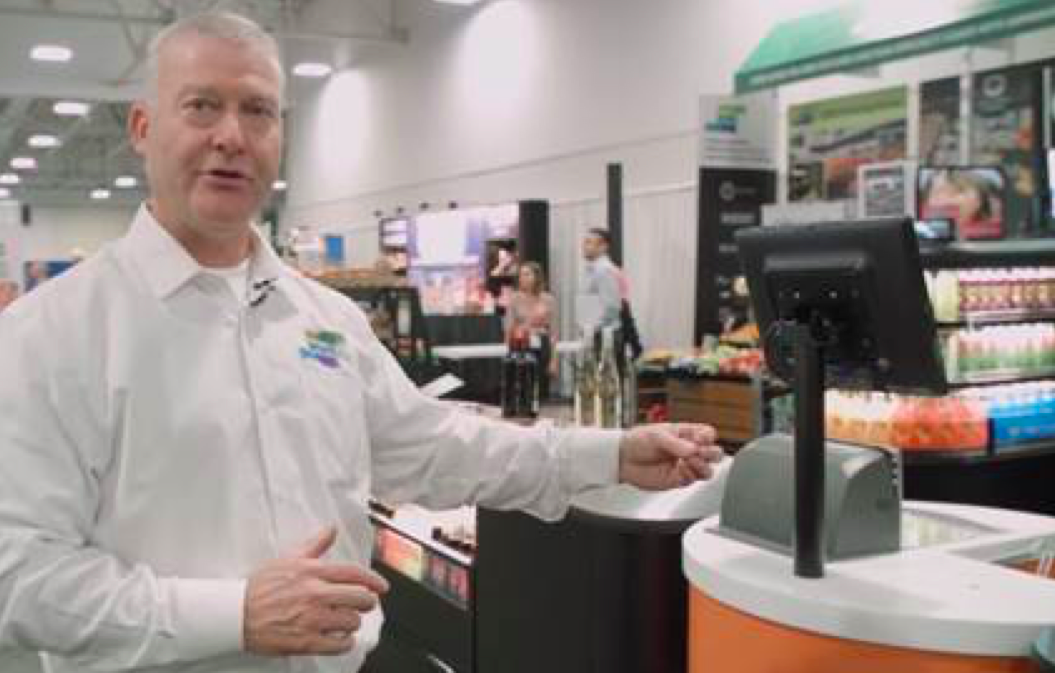 New: convertible self-scan checkout, an innovation from Pan-Oston. Photo: Screen shot from above video
