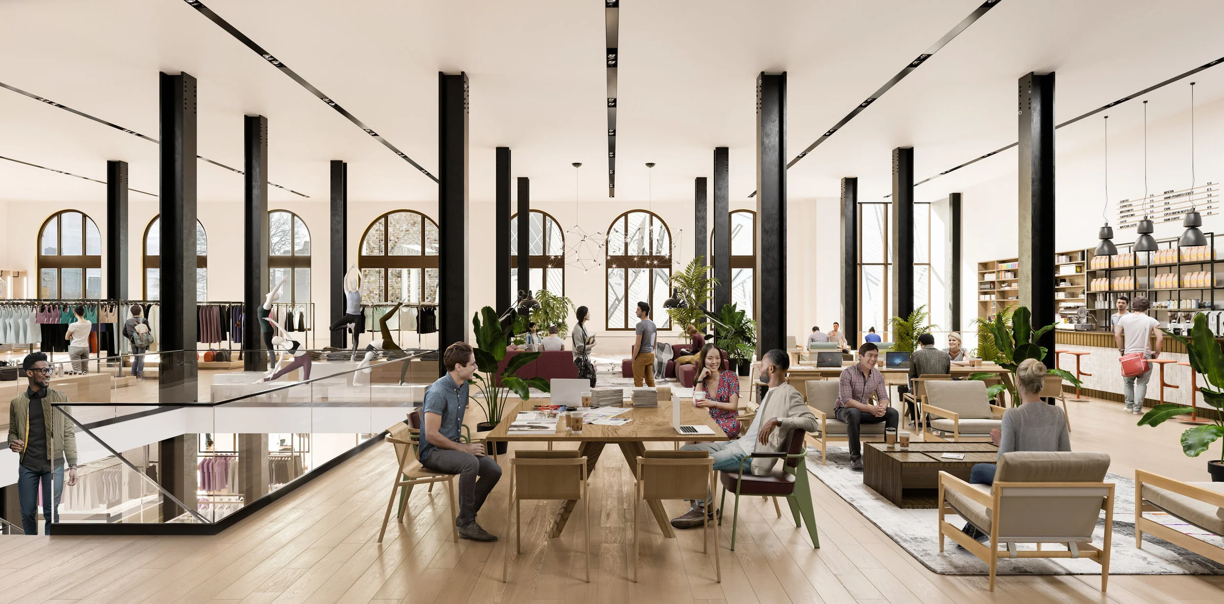 Rendering of the 2nd level retail space at the base of the historic south tower. 30-foot ceilings and arched windows will add character. It remains to be seen what retailer(s) will take this space. Image: Oxford PRoperties