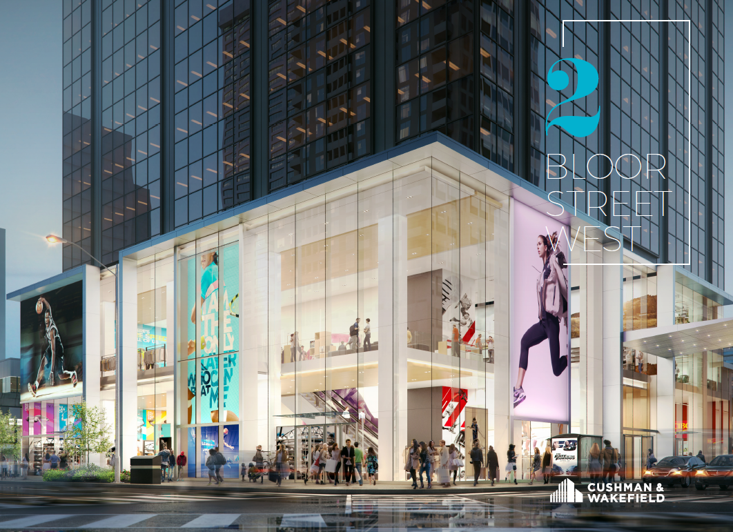 Cumberland Terrace will see updated retail at 2 Bloor St. W. at the corner of Yonge. Rendering via Cushman &amp; Wakefield