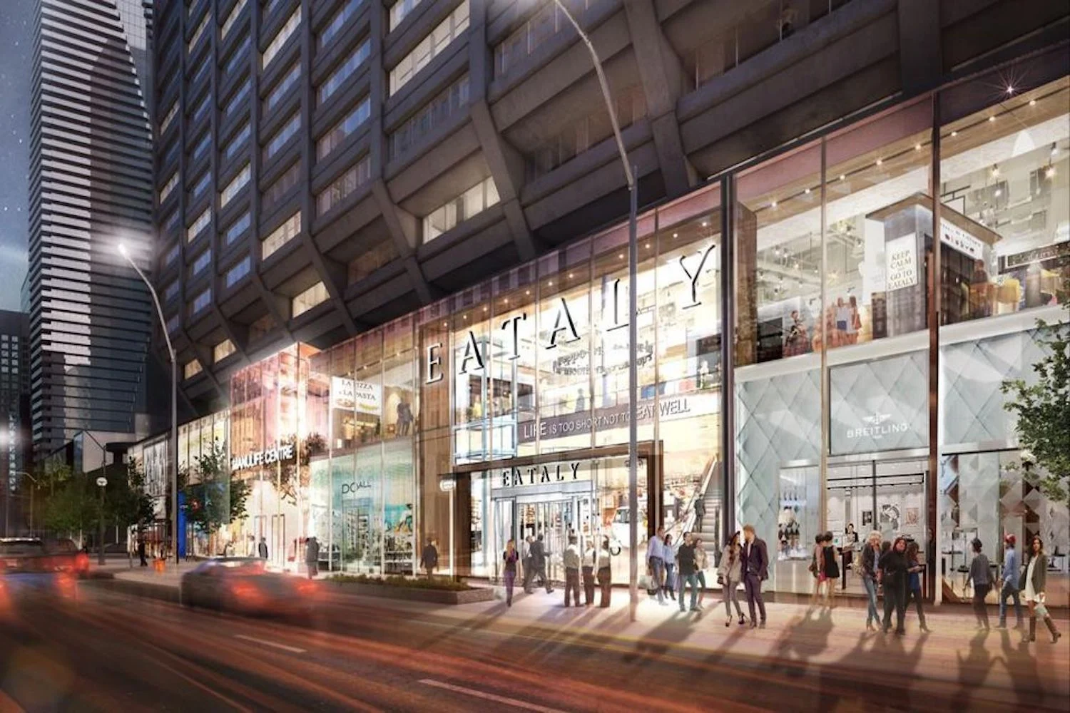 Eataly will open this fall at the base of the updated Manulife Centre podium. Image: Manulife