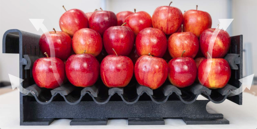AIRWAVE PATENTED TRAYS PROVIDE INCREASED AIRFLOW, REDUCED IMPACT AND CONTACT STRESS OF THE PRODUCE AND BETTER VISUAL OPTICS FOR THE CUSTOMER