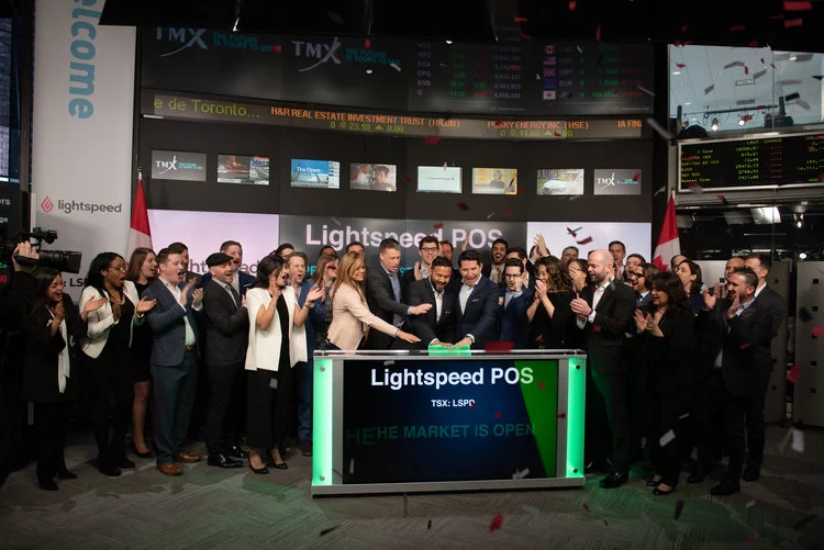 LIGHTSPEED CEO AND FOUNDER DAX DASILVA PUSHING THE BUTTON TO COMMENCE TRADING ON THE MORNING OF MARCH 8, 2019. PHOTO: LIGHTSPEED VIA NKPR.