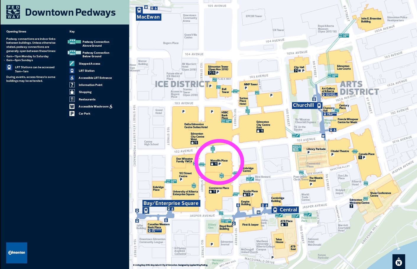 Downtown Edmonton Pedway Map with Manulife place circled in purple. Image: City of Edmonton