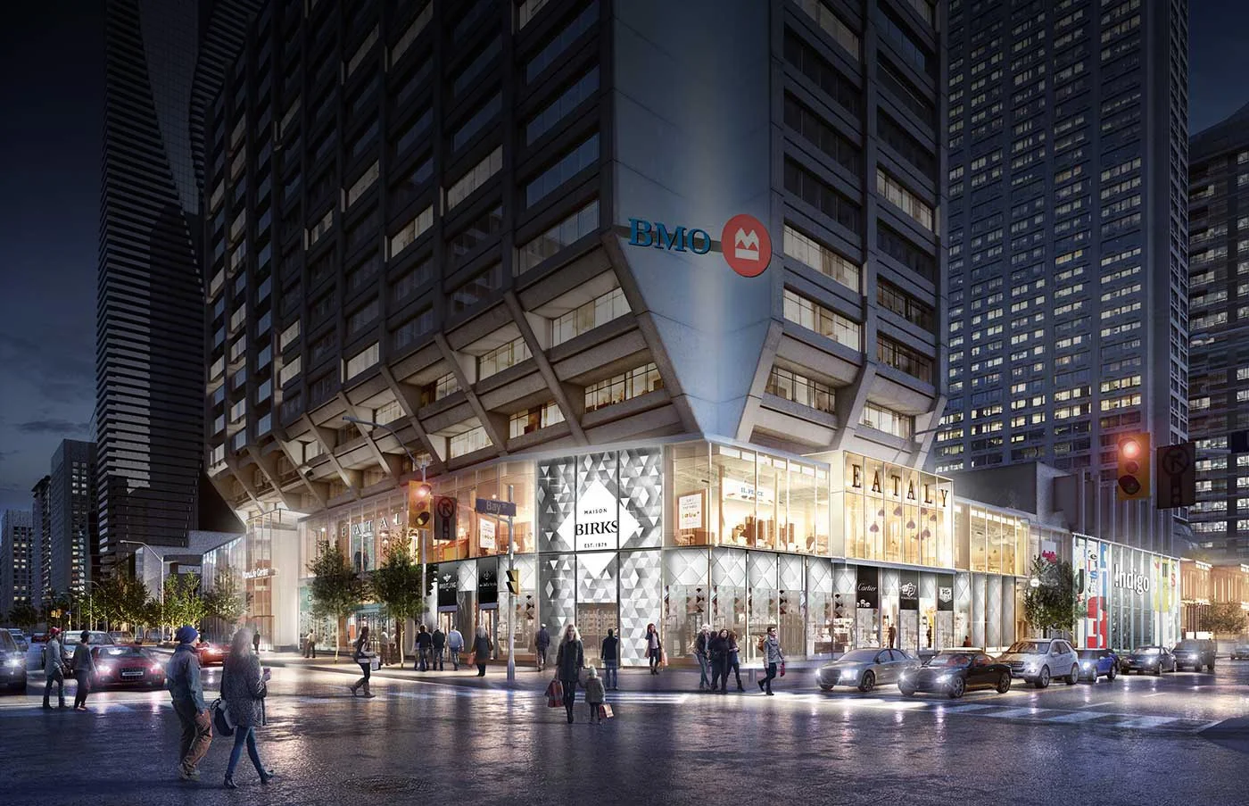 By the end of the year, Manulife Centre will be home to Eataly, Shoppers Drug Mart, and other new tenants. Birks re-opened last month. Rendering: Manulife.