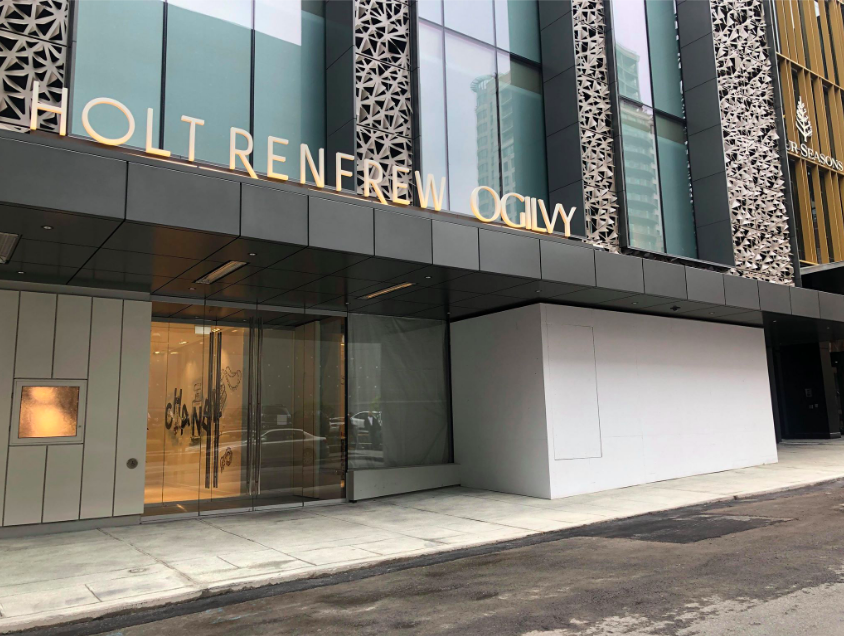 New Mountain Ave. entrance to Holt Renfrew Ogilvy in Montreal, with the new Four Seasons to the right. Chanel will be through these doors. Photo: Maxime Frechette