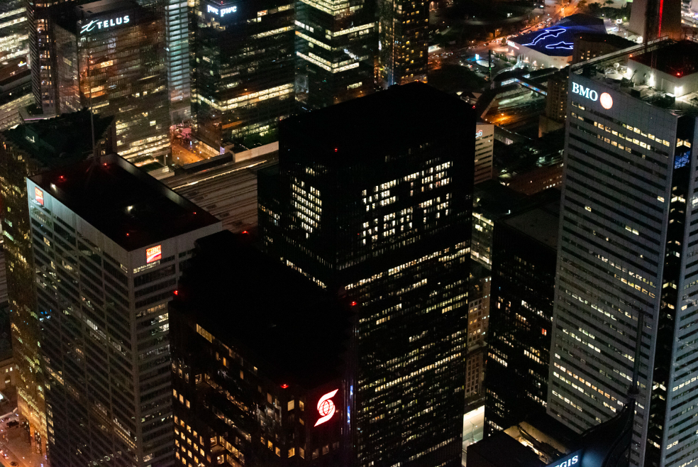  Toronto’s TD Centre with ‘We the North’ spelled out in lights. 