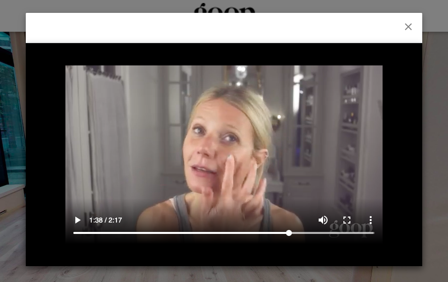 SCREEN CAPTURE of Gwyneth Paltrow demonstrating a skincare product on the interactive site: GOOP TORONTO