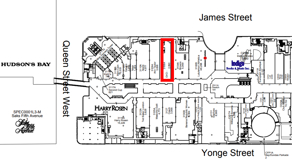 CF Toronto Eaton Centre Floor Plan, OVO highlighted in REd