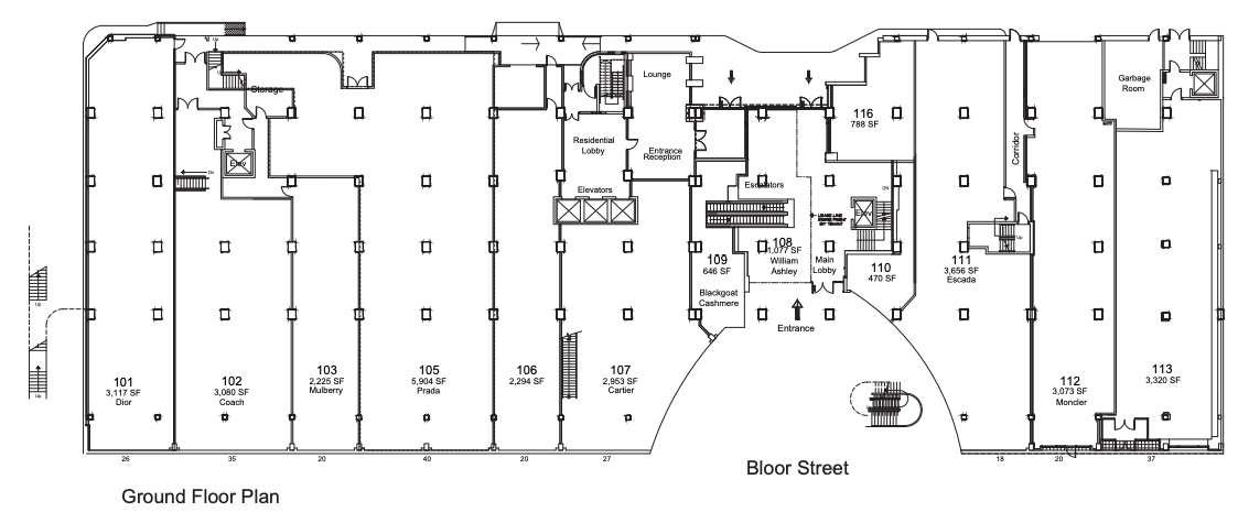 Above and below: Lease plans of the Colonnade at 131 Bloor St. W. in Toronto, via Morguard