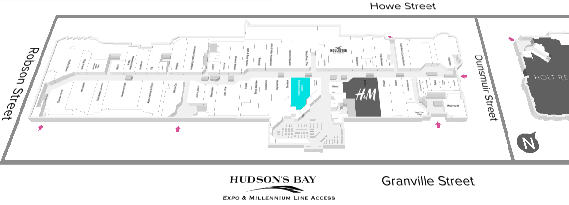 Dyson highlighted in Blue. Click image for interactive CF Pacific Centre floor plan, via Cadillac Fairview