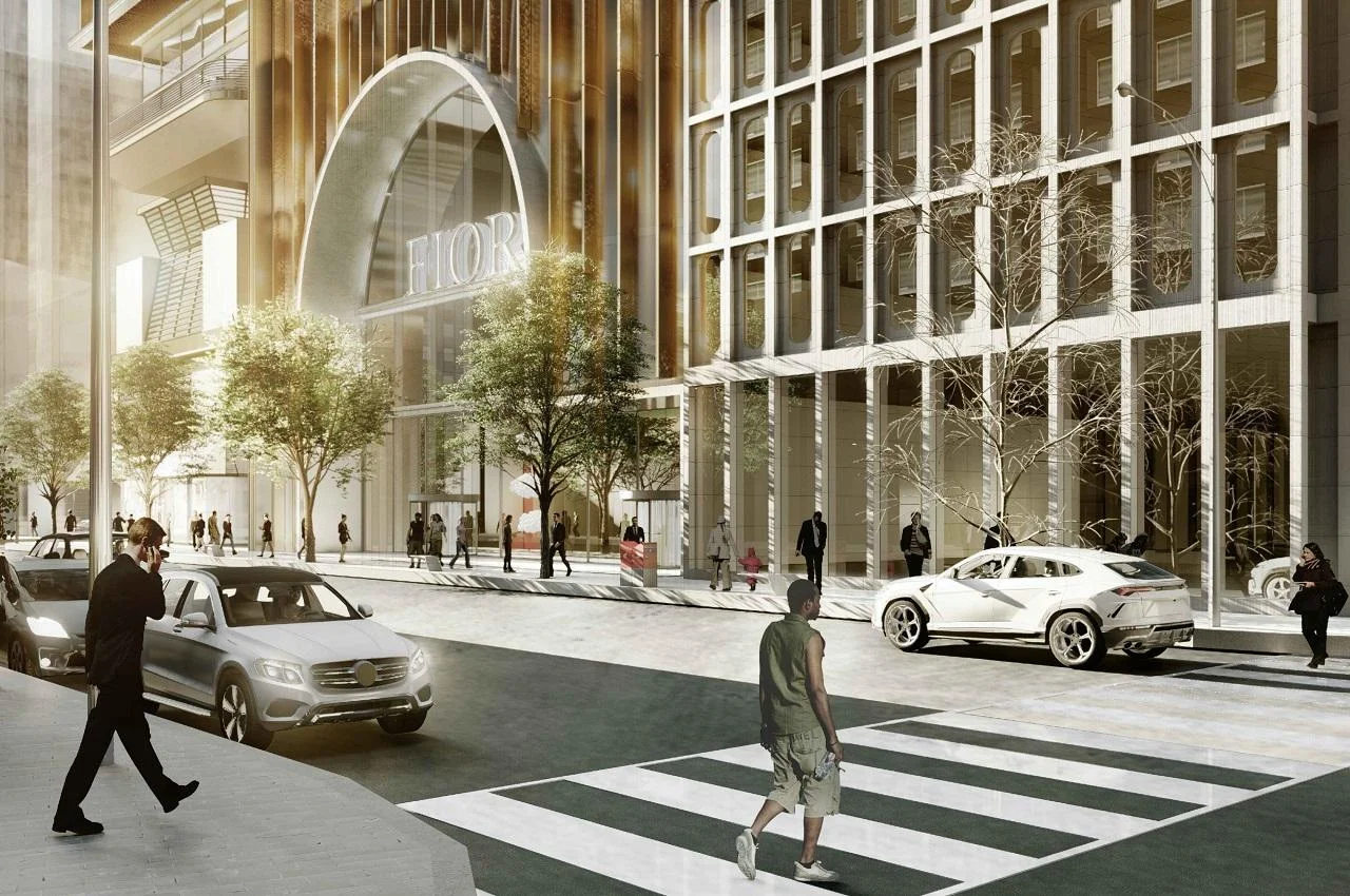 Looking towards the northwest of the proposal from the southwest corner of Bay Street and Bloor. Image: Giannone Petricone Associates