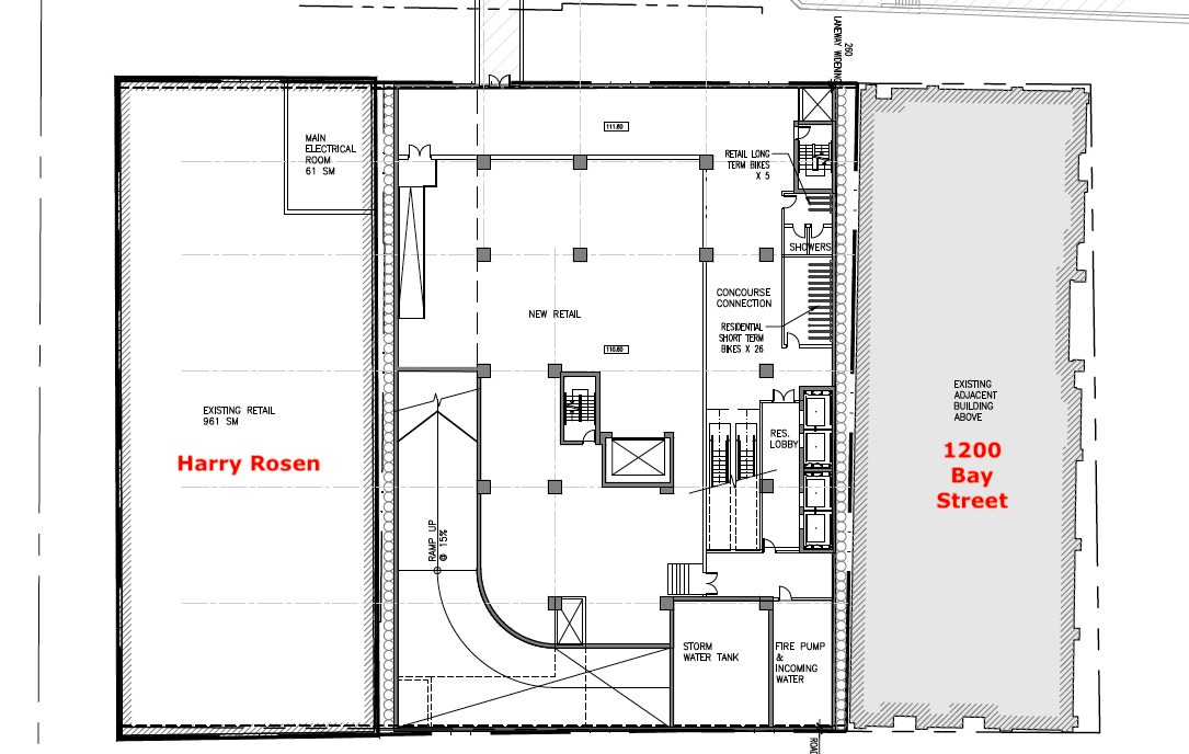 Above: Concourse level of the proposed redevelopment. Retail space will be accessed from an escalator from street level, and a new corridor will connect the concourse to the TTC ‘Bay’ Suwbay station