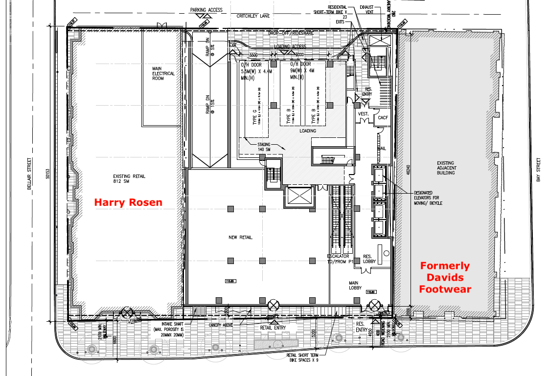 Above: Street level of the new 80 Bloor St. W. proposal. Included will be a large retail space as well as a shared lobby for the massive residential tower as well as lower-level retail. The back end of 80 Bloor will also house loading docks and servicing areas.