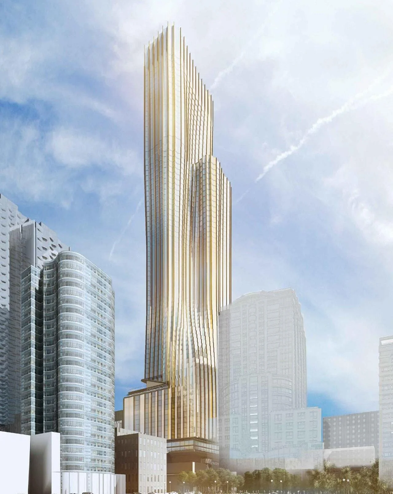 View from Cumberland street/Village of Yorkville Park facing southeast towards the new tower. The 10 Bellair Street Condominium tower is to the right, with a retail podium housing a Holt Renfrew Men’s store, Hermes, Zegna and Barry’s Bootcamp. Image: Giannone Petricone Associates