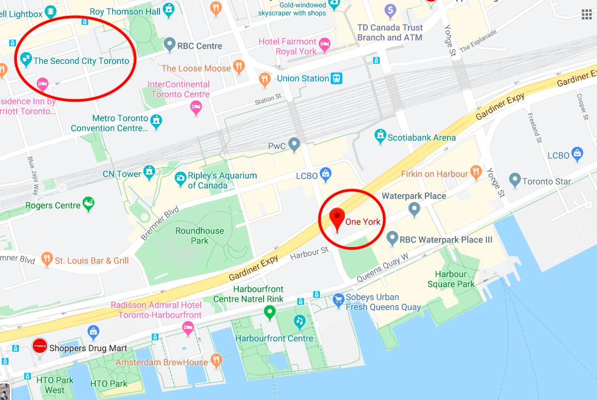 Current Second City location circled on the left of the map, as well as the new Location at One York. Click for interactive Google Map