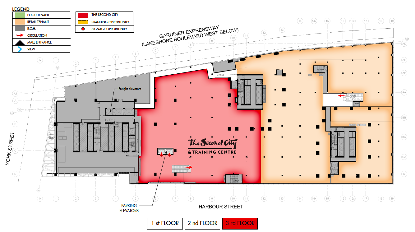 Floor plan indicating Second City’s space on the 3rd floor of One York. Image: Menkes