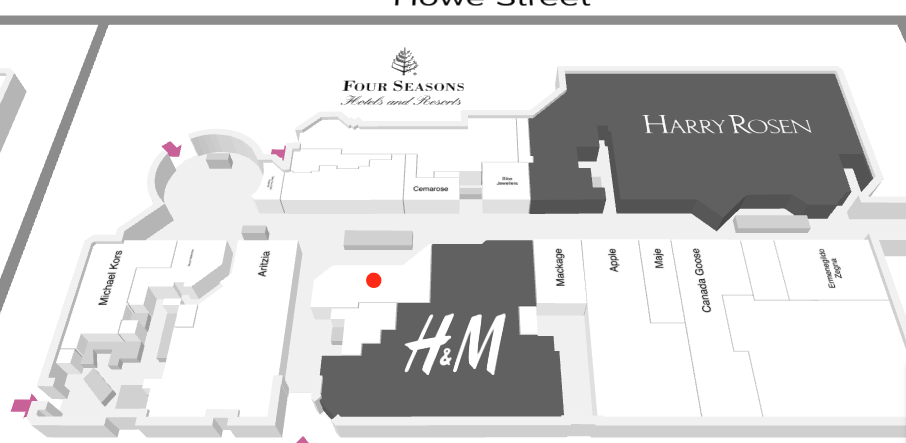 map of upper level of cf pacific centre. red dot indicates new max mara location.