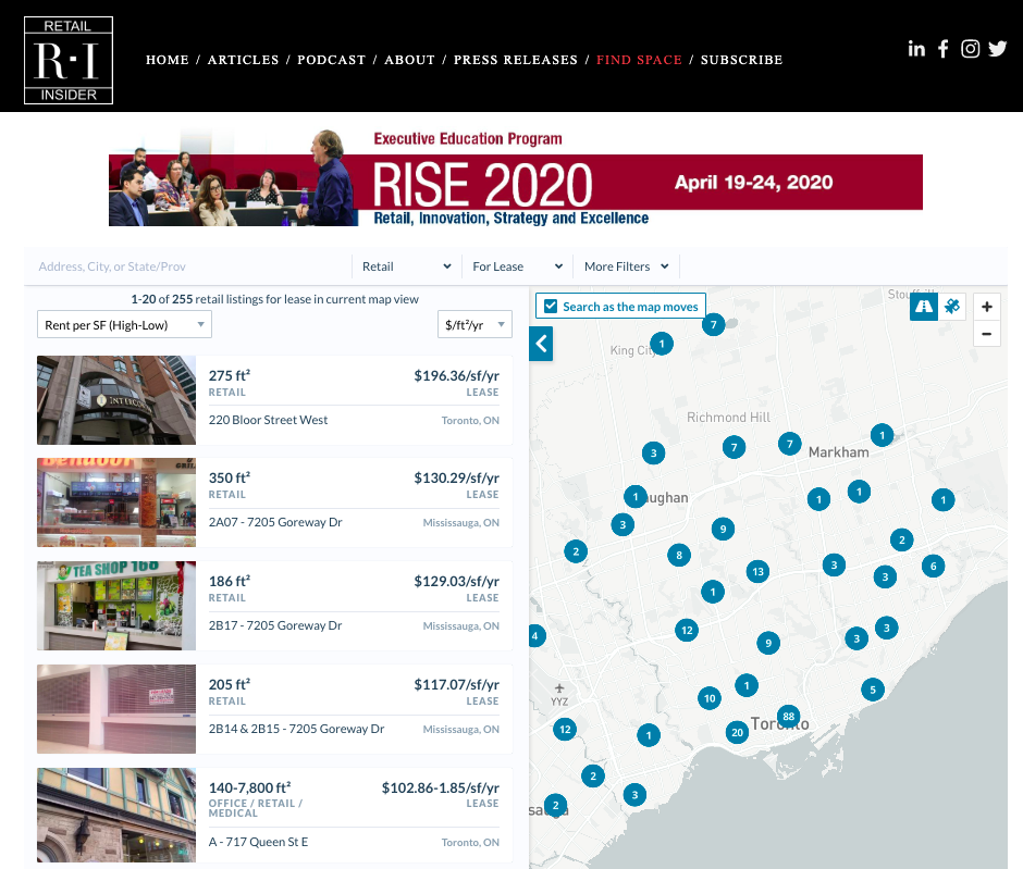 screenshot of retail insider’s “find space“ page.