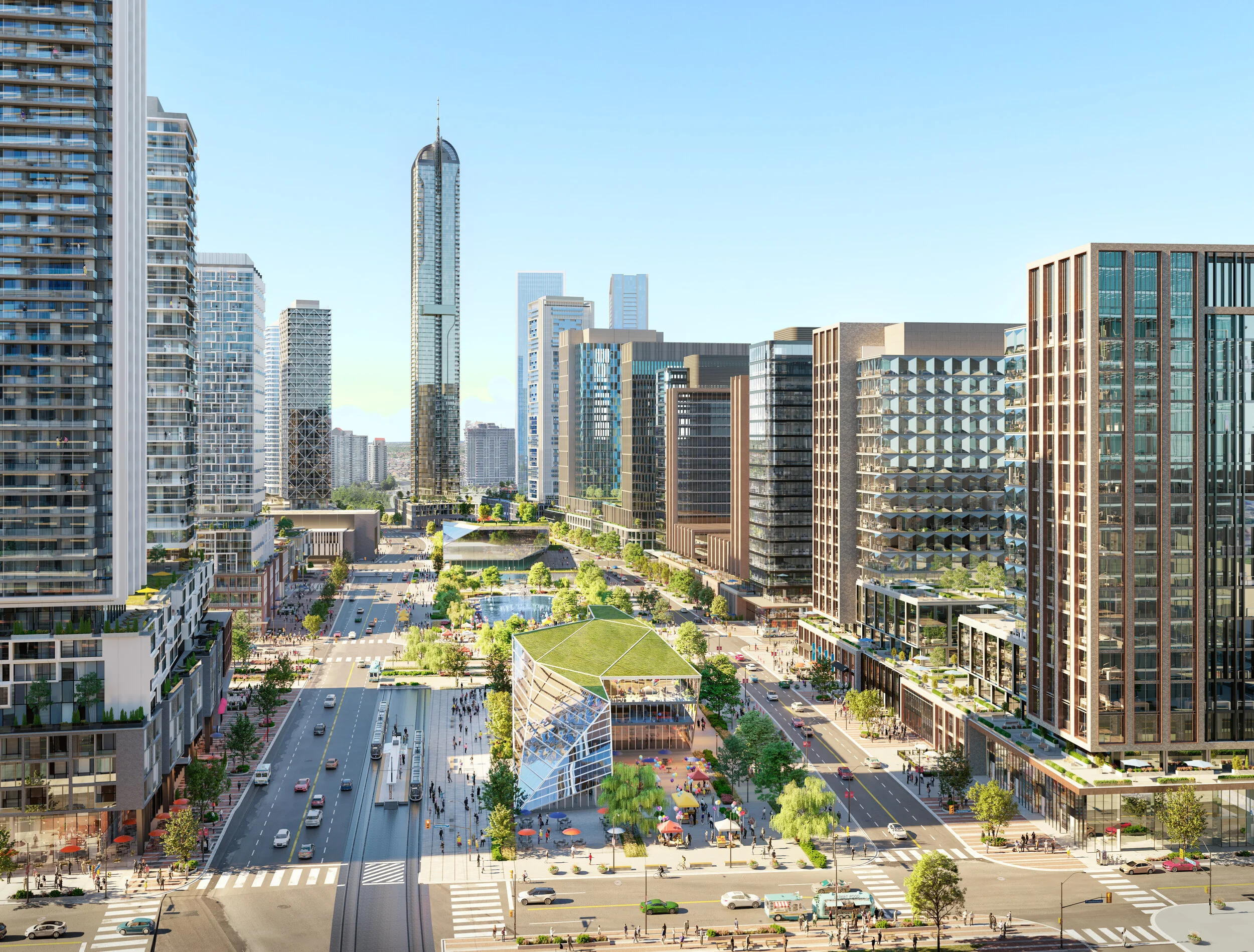 RENDERING: ARIEL VIEW OF ‘THE STRAND’ at Square One, LOOKING WEST WITH TRANSIT MOBILITY HUB CONNECTED TO HURONTARIO LRT IN FOREGROUND