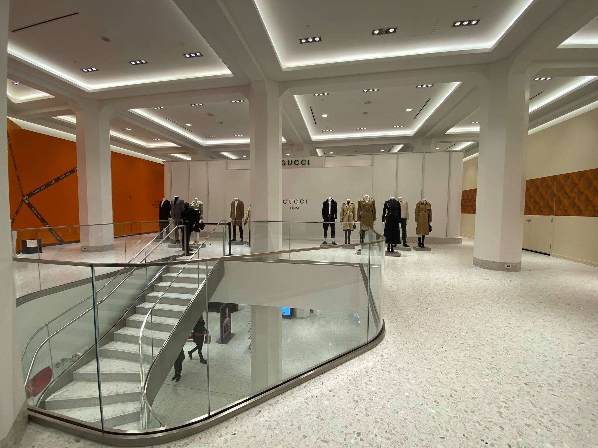 Ground floor construction at Holt Renfrew Ogilvy. Boutiques include, left-to-right: Hermes, Gucci, Louis Vuitton. Photo: Maxime Frechette