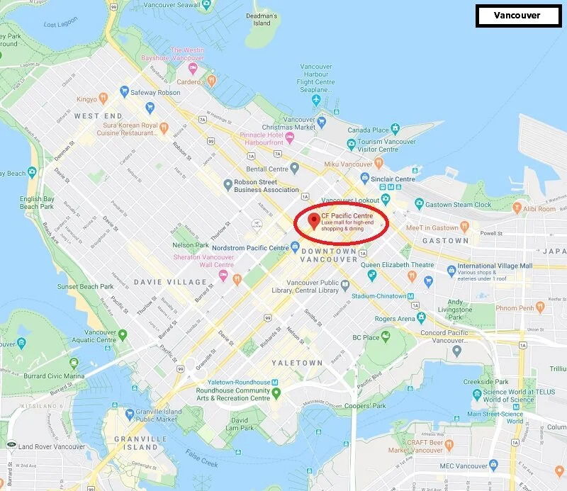CF Pacific Centre in Downtown Vancouver. Click for Interactive Google Map .