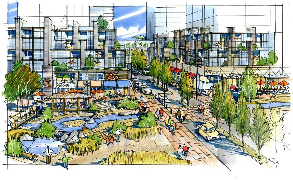 rendering of bonnie doon mixed-use property in edmonton. rendering: bonnie doon