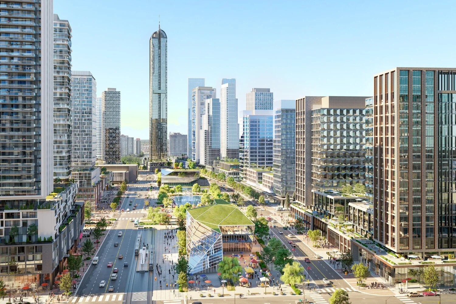 rendering of the square one mixed-use property in mississauga. rendering: square one