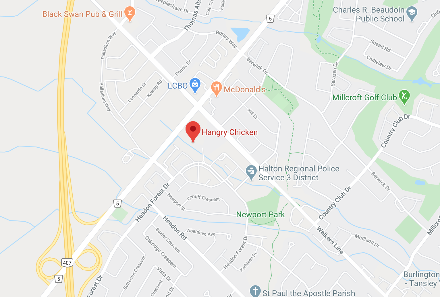 map of burlington showing hangry chicken location. click for interactive map.