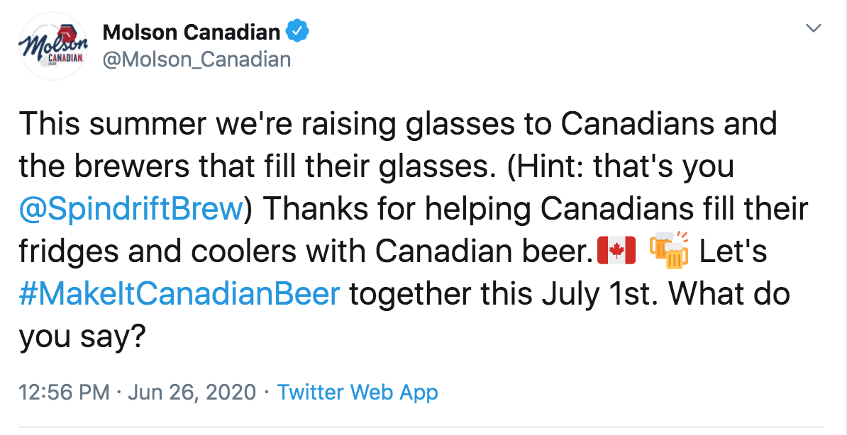 screenshot of molson canadian tweet announcing its #makeitcanadianbeer initiative. photo: twitter