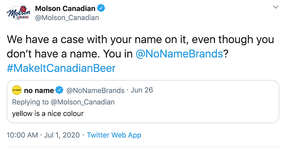 screenshot of molson canadian and no name brand tweeting one another. photo: twitter
