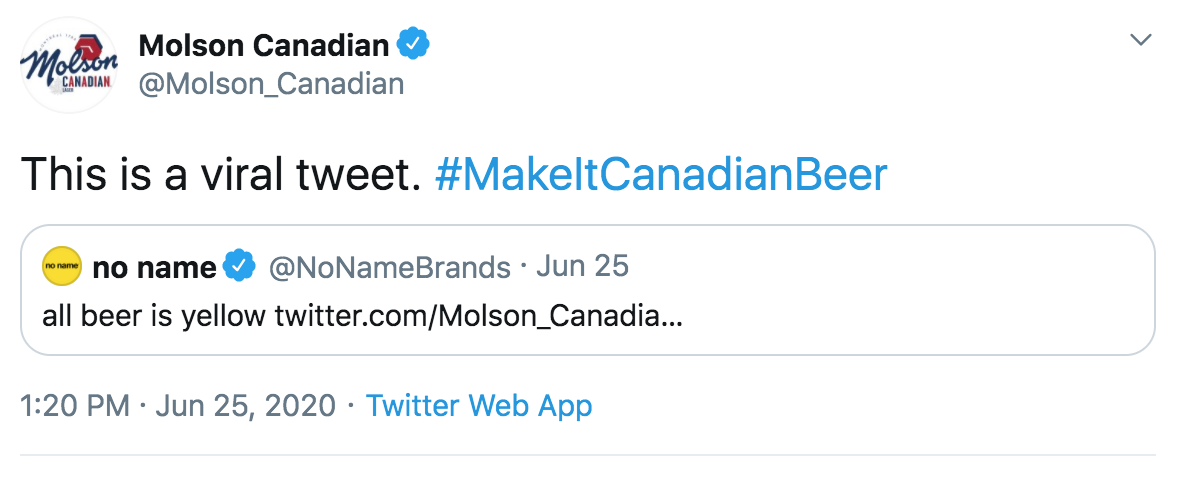 screenshot of molson canadian and no name brand tweeting one another. photo: twitter