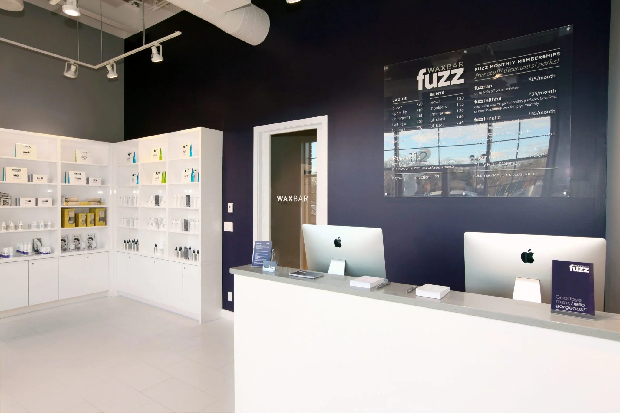 interior of fuzz wax bar front desk and product shelves. photo: fuzz wax bar