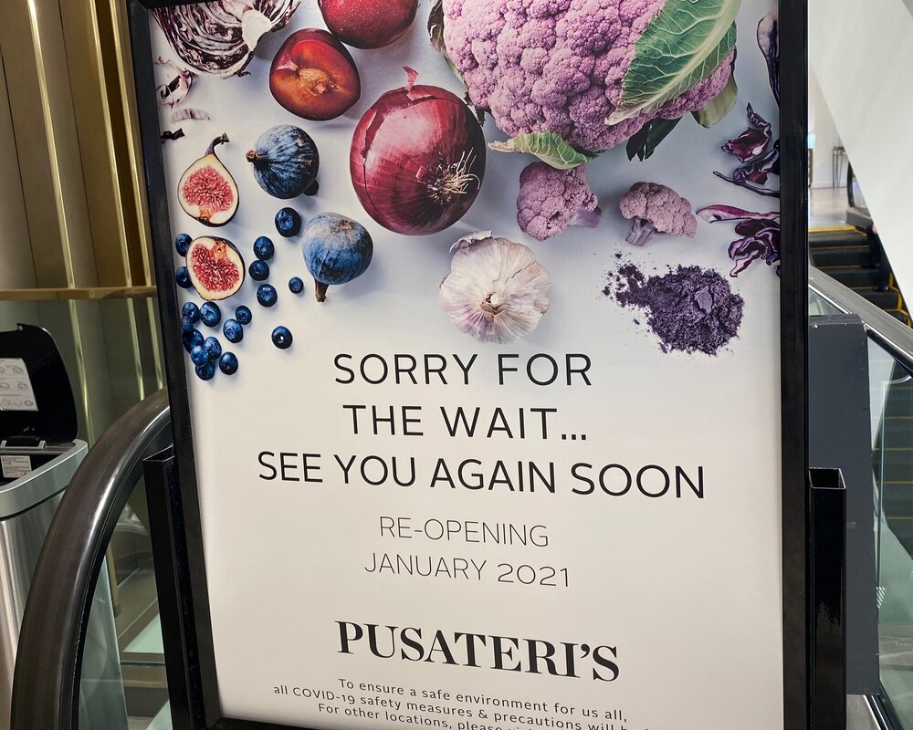 pusateri’s fine foods reopening january 2021 signage. photo: craig patterson