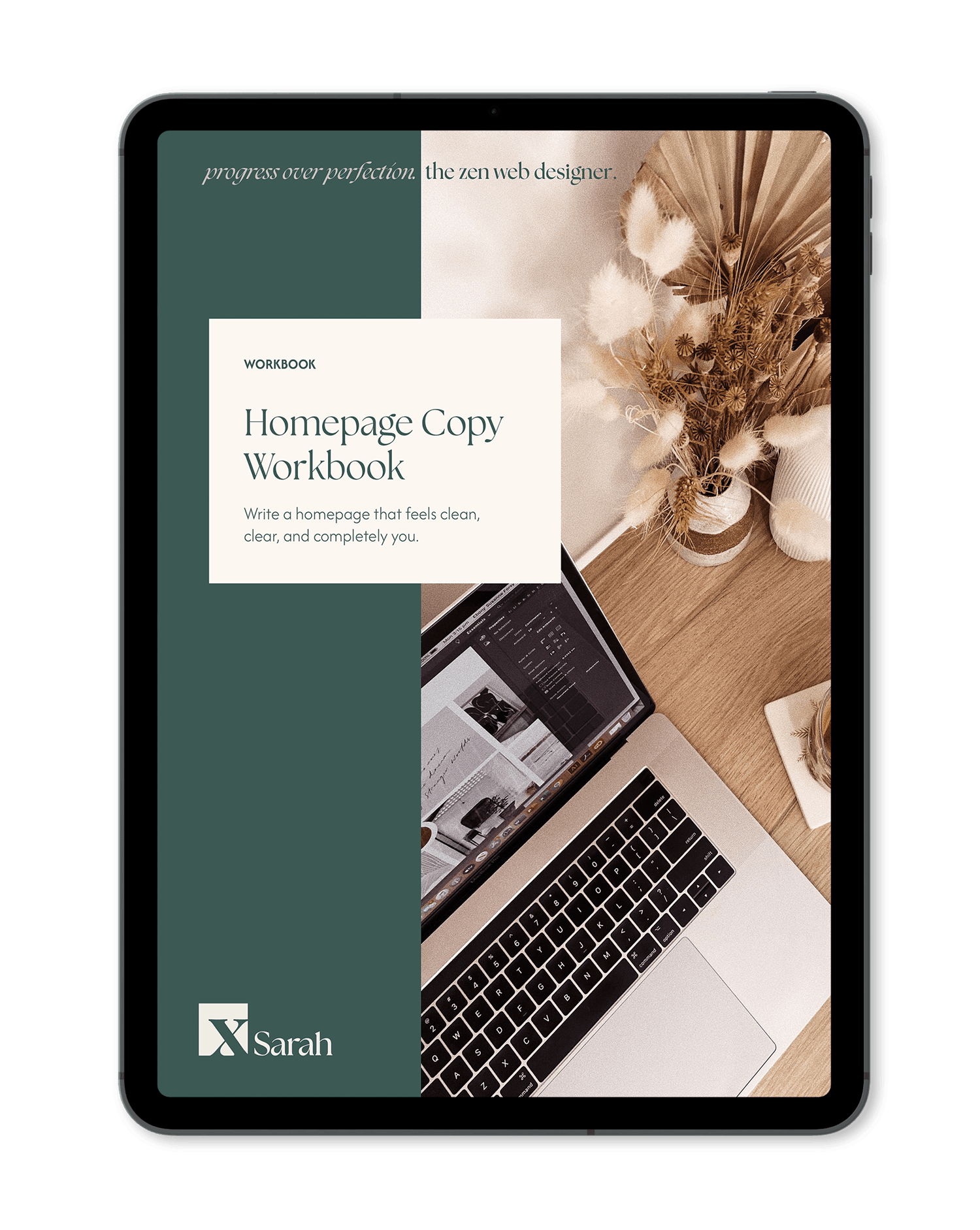 A mockup image of the Square by Sarah Homepage Copywriting Workbook on iPad