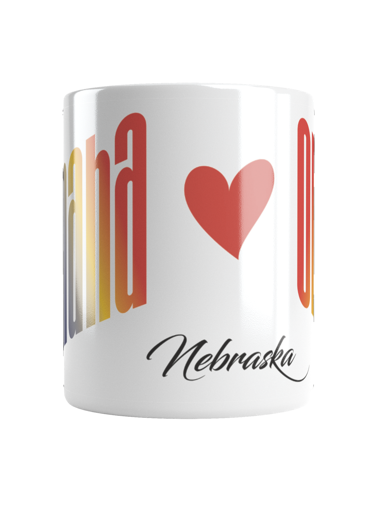 A white mug with colorful text that reads "Nebraska" along with a red heart symbol, set against a black background.