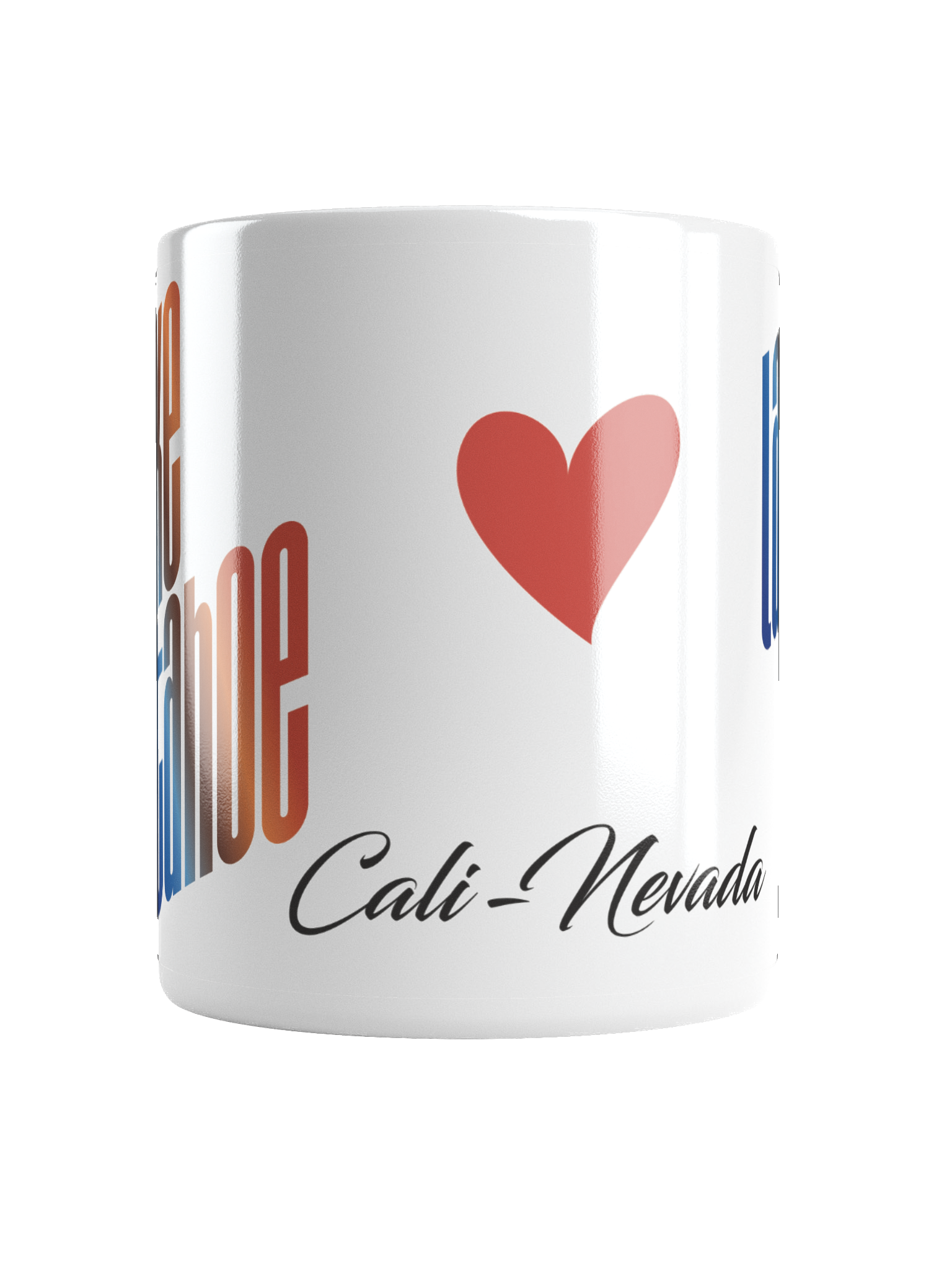 A white mug features a red heart symbol and the compound regional name 'Cali/Nevada' in black script below.