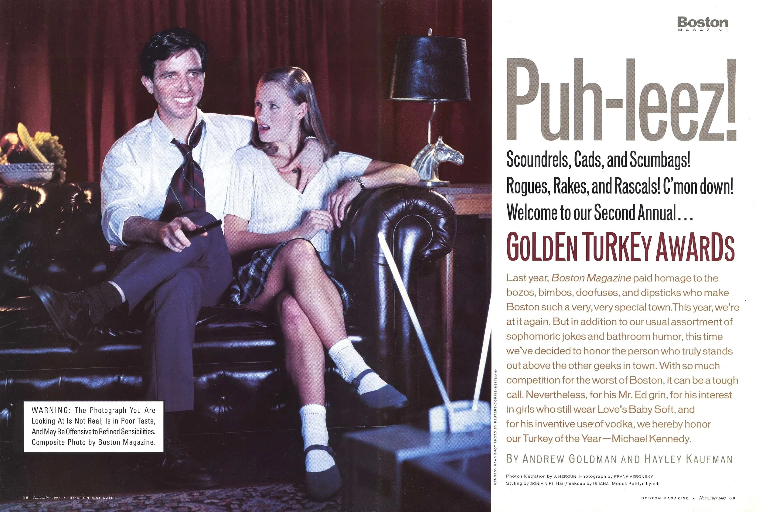 Feature spread from Boston magazine with a photo composite of Michael Kennedy sexually abusing a teenage babysitter in a living room setting on a sofa in front of a television.