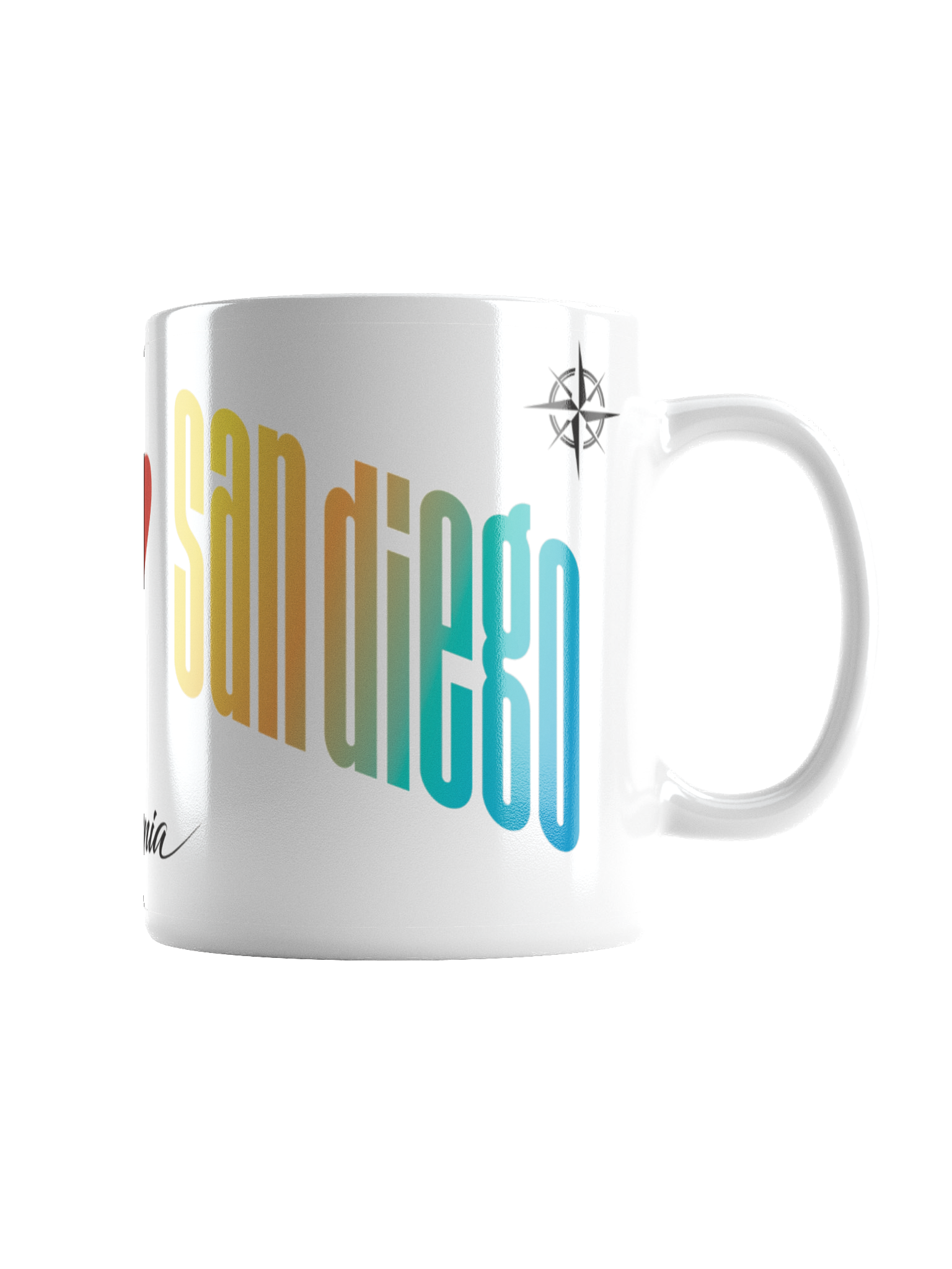 Close-up of a white ceramic mug with colorful text and a small compass rose symbol, with a white background