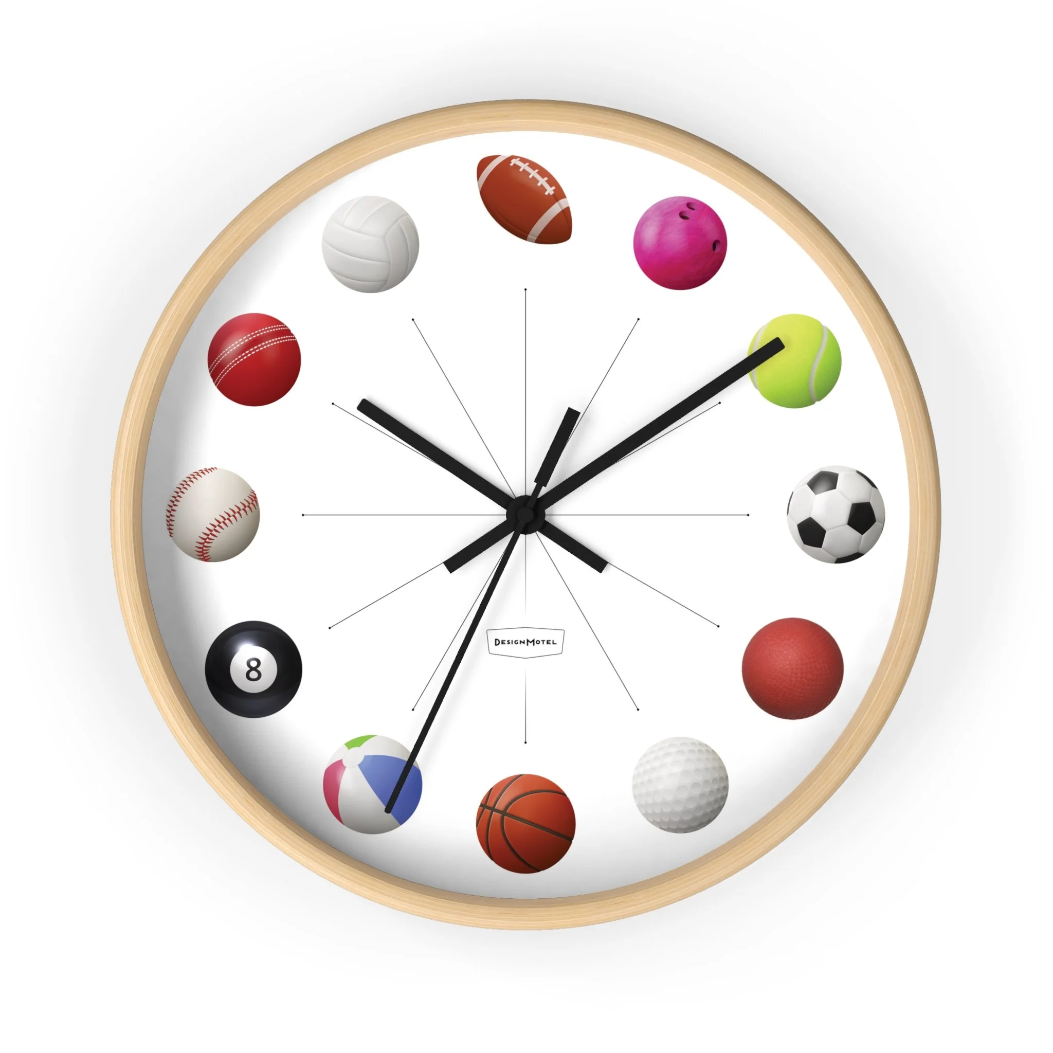 A clock with sports balls replacing traditional numbers, including a football, soccer ball, basketball, golf ball, tennis ball, volleyball, baseball, bowling ball, and ping pong ball, with black clock hands showing the time as approximately 10:10.