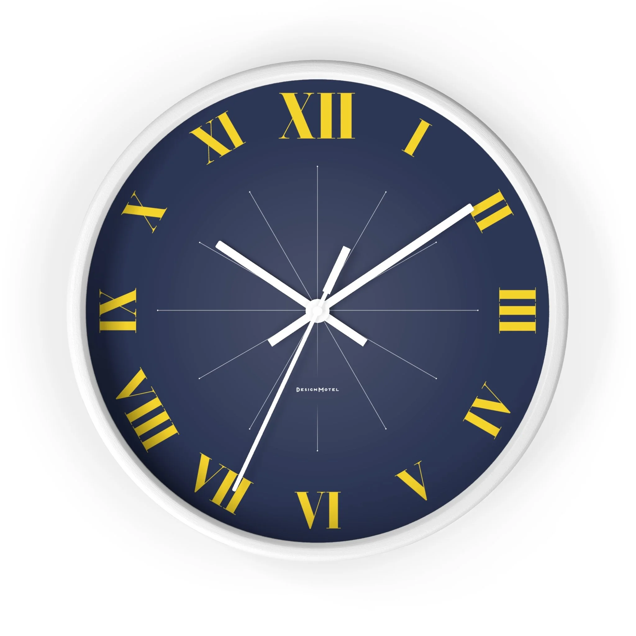 A round wall clock with a dark blue face, white frame, and gold Roman numerals. The clock shows the time as 2:04, with the minute hand pointing to 4 and the hour hand slightly past 2.