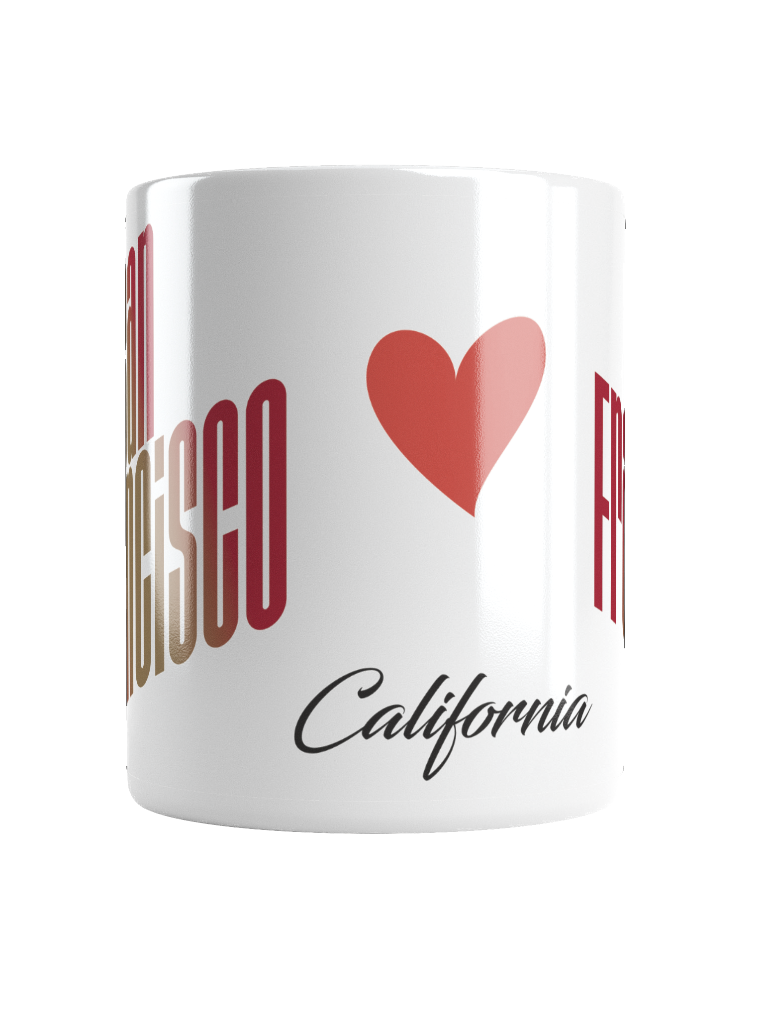A white mug with red text, displaying the phrase 'California Love' along with a red heart symbol. The word 'California' is written in black cursive script.