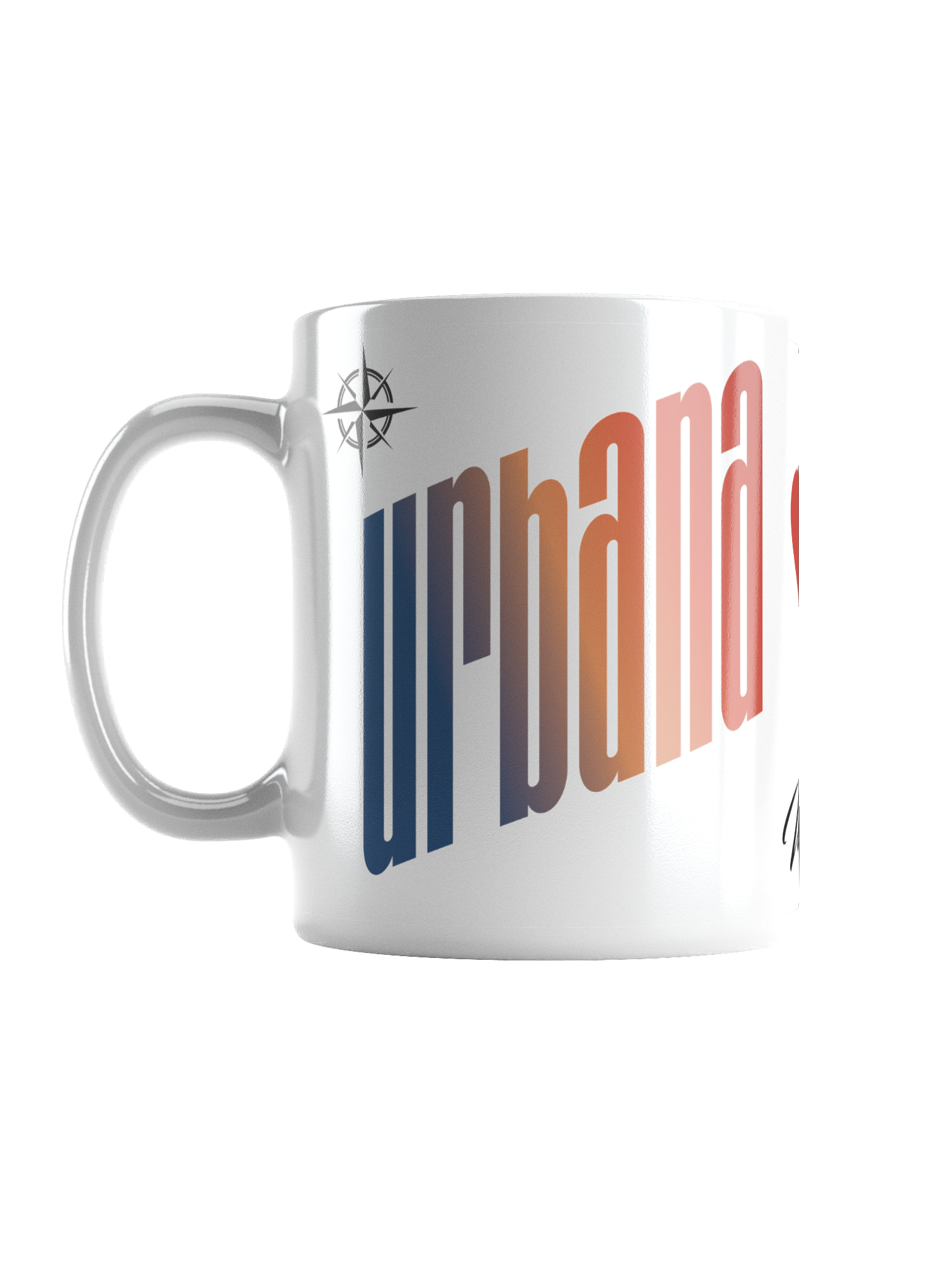 A white ceramic coffee mug with the words 'unhallowed' in rainbow gradient text and a small black and gray compass design near the handle.