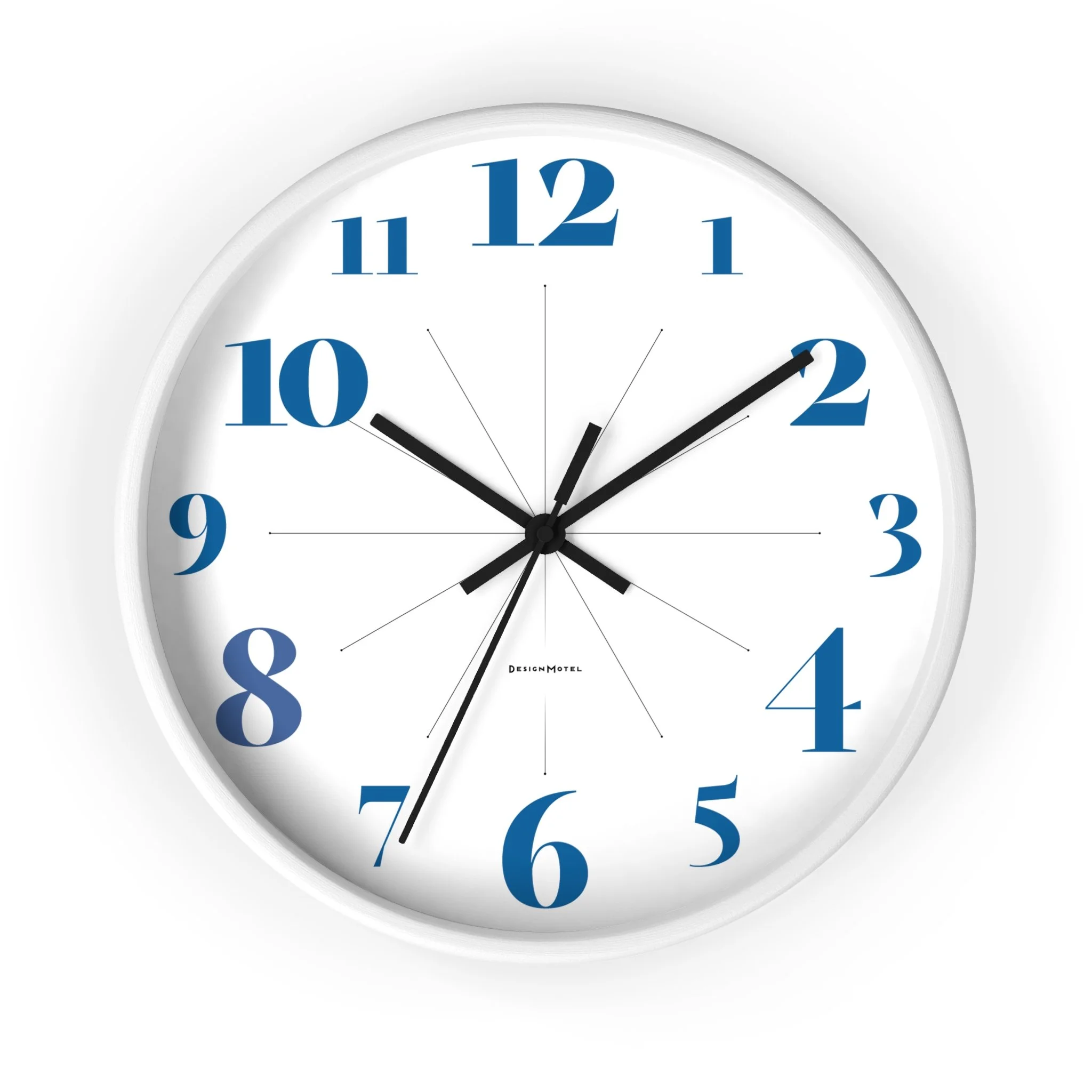 White wall clock with blue numbers and black hands showing the time 10:10.